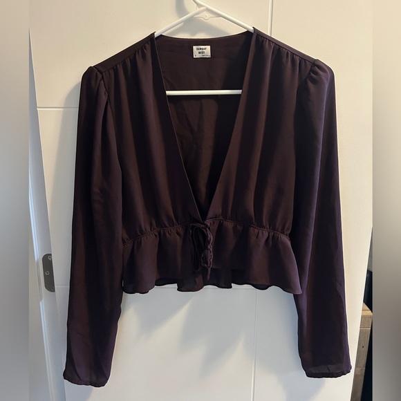 Sunday Best Cropped Tie-Front Plunging Blouse Long Sleeve - Picture 7 of 11